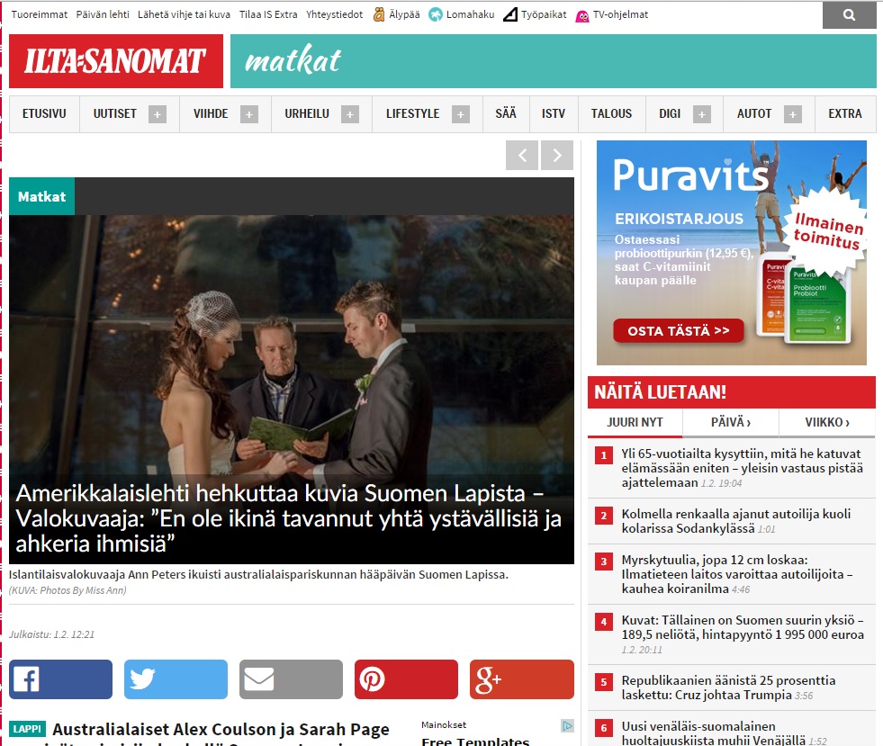 Published in Finland Newspaper Photos by Miss Ann Lapland Adventure Wedding