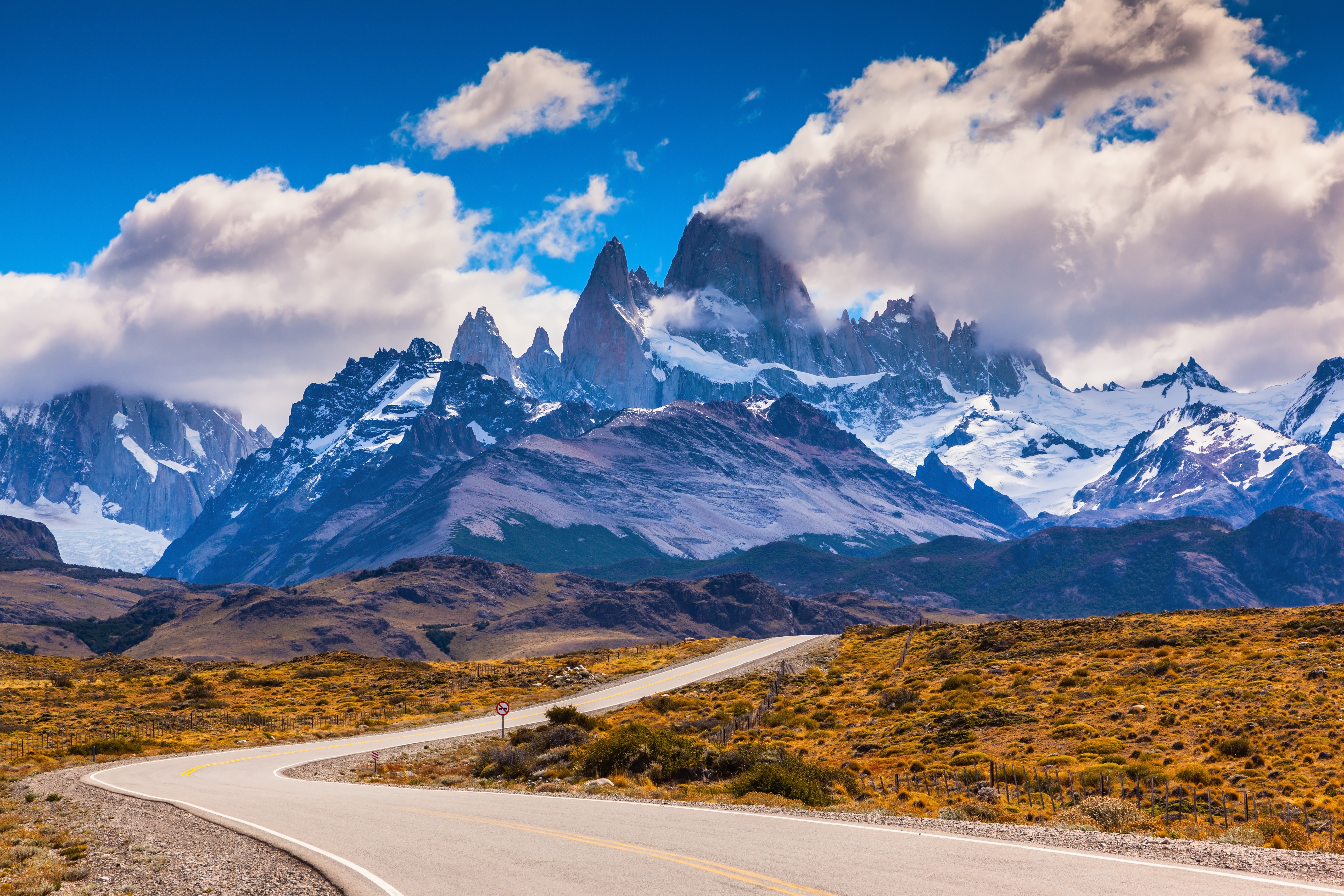 The highway crosses Patagonia and leads to majestic mountains of Fitzroy. The road through desert